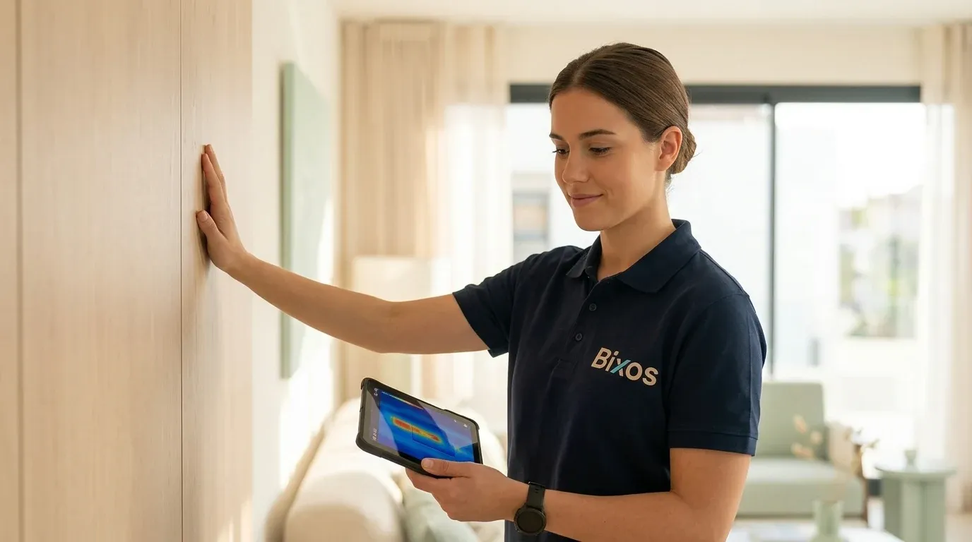 Technikerin misst mit einem Tablet die Feuchtigkeit einer Wand