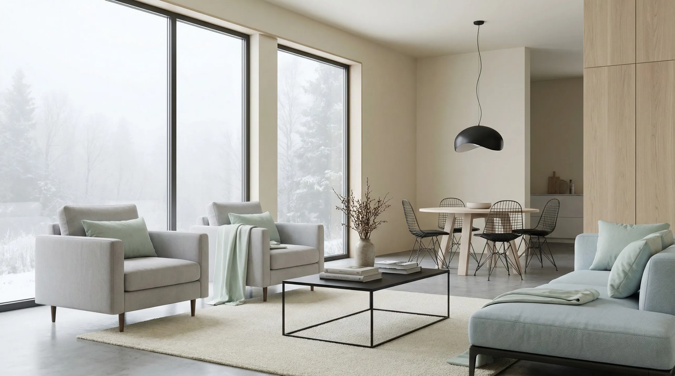 Wohnzimmer mit großen Fenstern an einem nebligen Wintermorgen