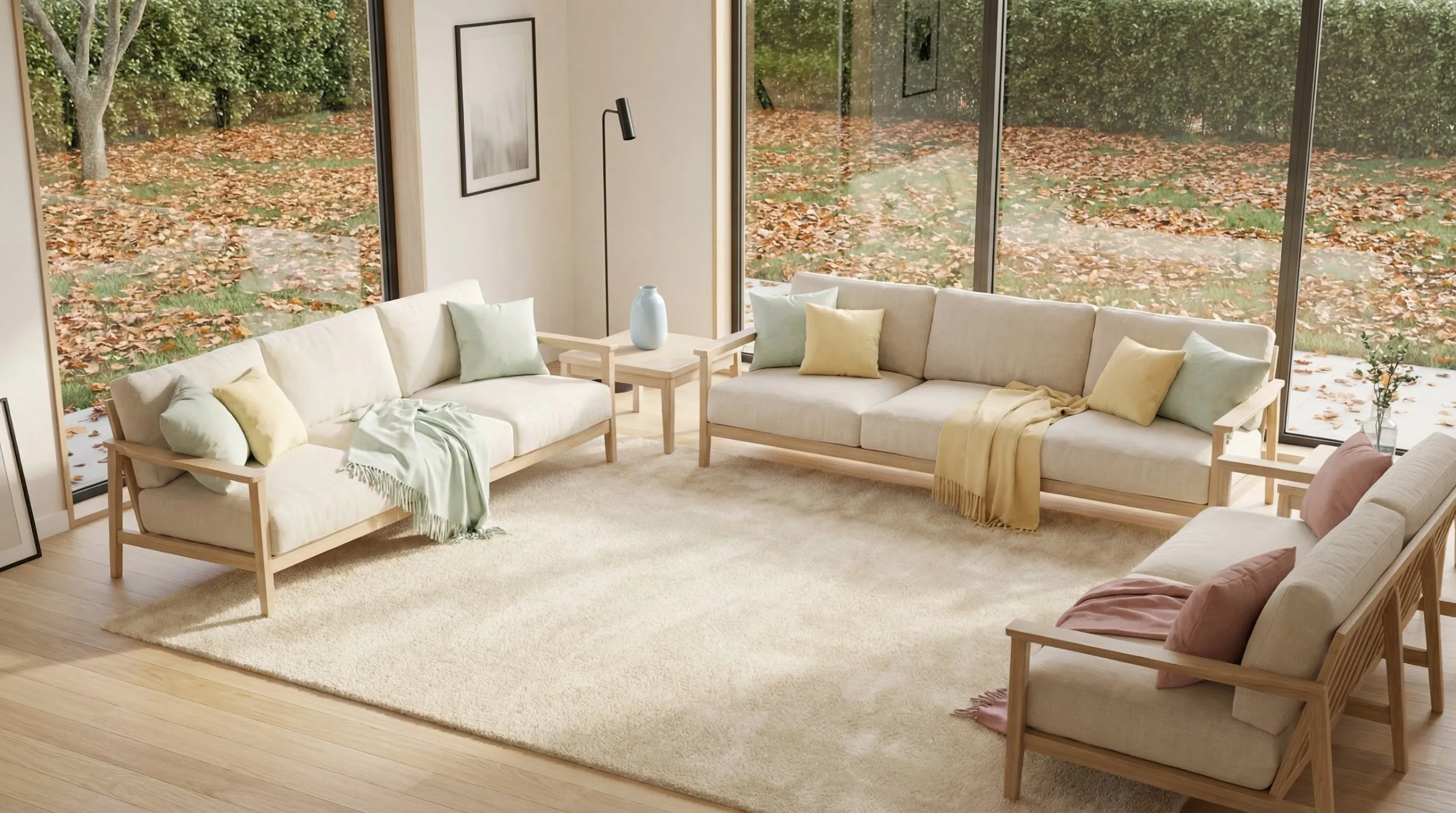 Helles Wohnzimmer mit hellen Sofas und Blick in einen herbstlichen Garten